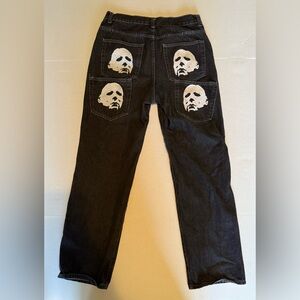 Michael Myers Jeans Mens Medium Black White Horror Graphic Bat Halloween Pockets